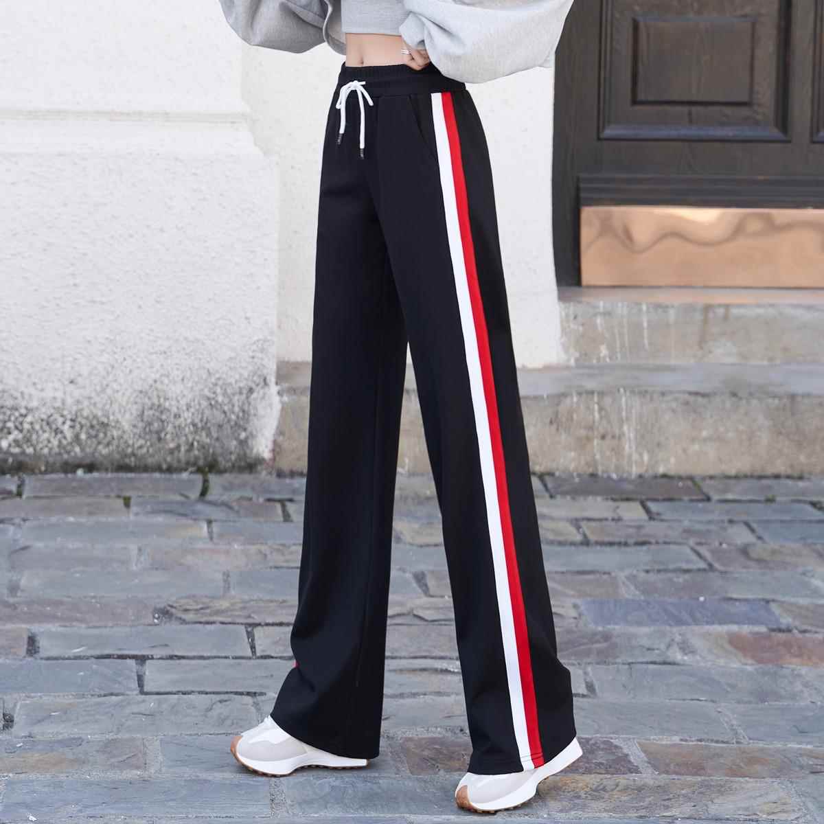 Drape wide-leg pants womens straight sports pants striped