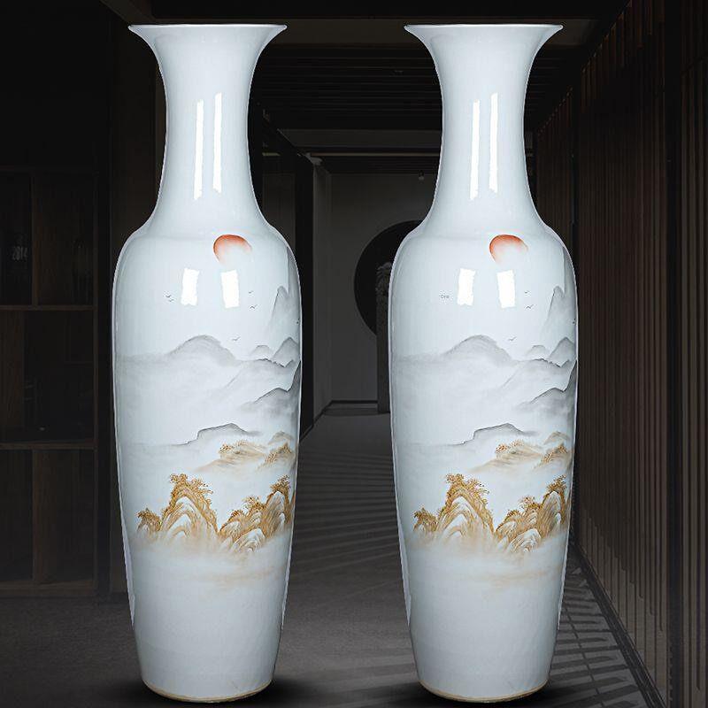 景德镇陶瓷手绘朝日东升写意山水大花瓶落地客厅现代装饰摆件