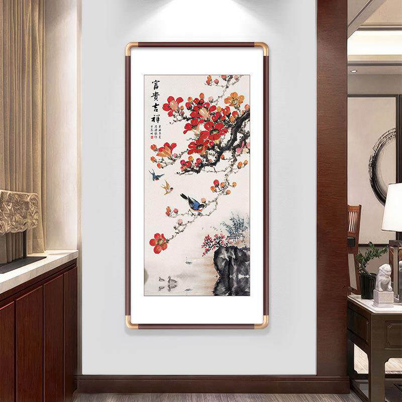 入户玄关装饰画中式水墨花鸟国画实木榫卯工艺成品画茶室走廊挂画