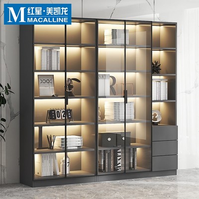 圣柏域书柜带玻璃门展示柜轻奢定制家用客厅一体整墙到顶书架墙柜
