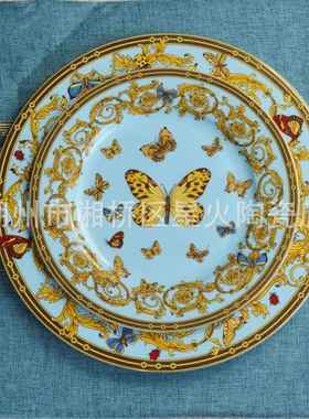 婚田园陶瓷平盘蝴间蝶盘子酒店风摆台样庆品摆设陶瓷盘子可加RIAl