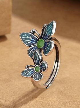 2026文艺范气质精美珐琅双蝴蝶戒指女复古民族风活口可调节时尚手
