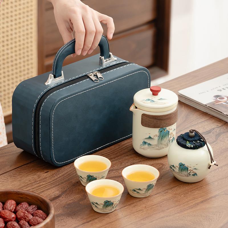 旅行茶具一壶三杯汝窑茶具陶瓷快客杯户外便携家用伴手礼商务礼品