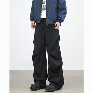 春季美式宽松褶皱阔腿拖地微喇垂感休闲裤黑色西裤男款