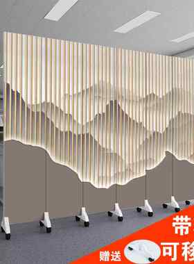 新中式屏风客厅隔间办公室酒店可移动带轮双面布艺可折叠简易隔墙