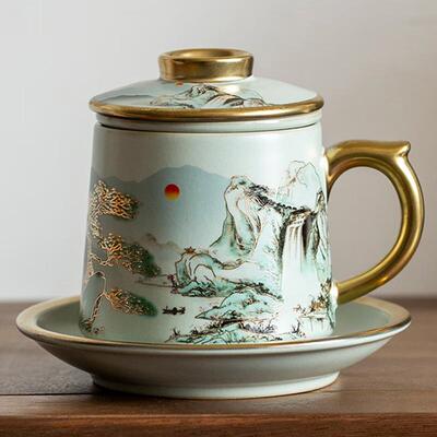 汝窑办公杯陶瓷带过滤茶杯描金汝瓷可养开片办公室茶水分离泡茶杯