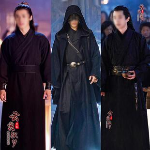 影视古装男士棉麻侠客服黑色武侠黑衣人夜行衣大侠刺客剑客演出服