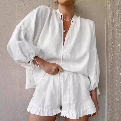 Women Summer Shorts Outfits Solid Color Long Sleeve Tie-Up