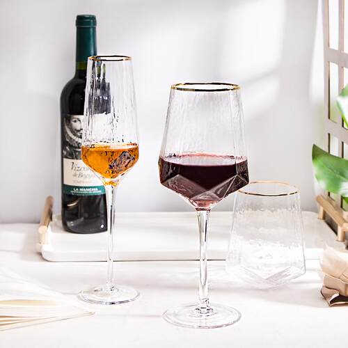 日式钻石锤纹红酒杯金边香槟杯葡萄酒杯复古金边水晶玻璃高脚杯