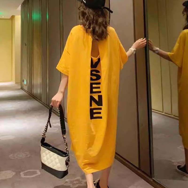 后背镂空T恤裙女夏欧货字母印花露背孕妇洋装中长版纯棉懒人裙