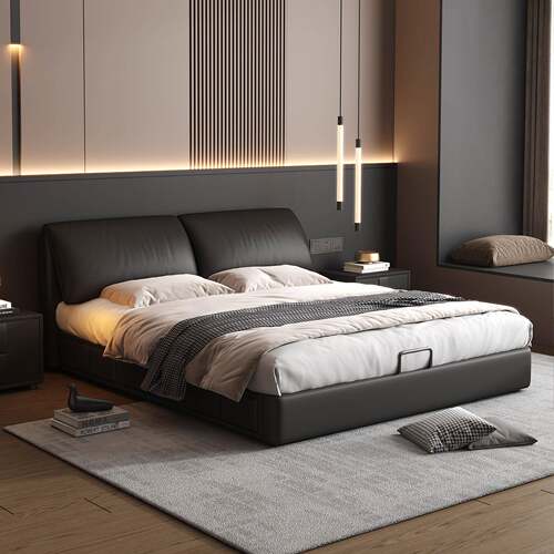 大象耳朵现代简约真皮主卧室高端大气黑色双人意式极简轻奢收纳床