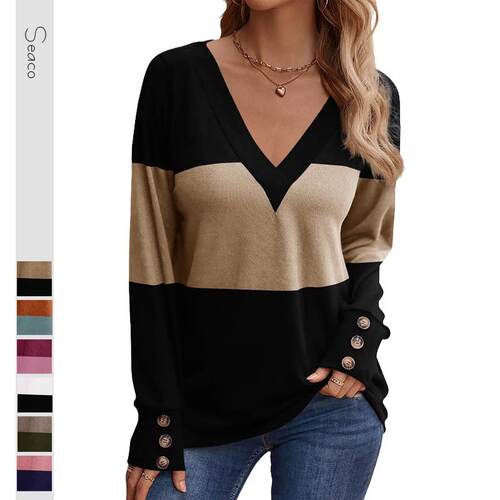 Womens Colorblock Print Button Decor Drop Shoulder Tee