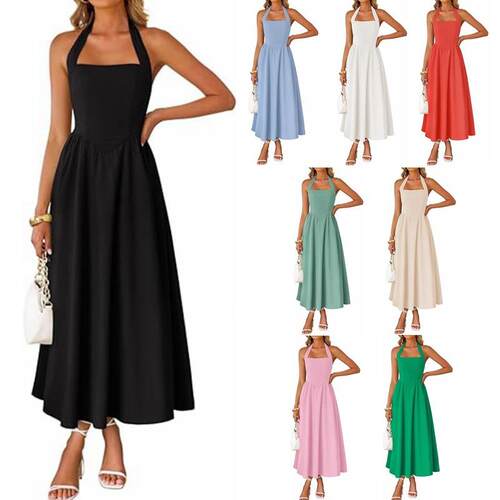 Womens Plain Pocket Zipper Back Dress Casual Sleeveless