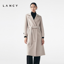 LANCY/朗姿羊毛桑蚕丝大衣冬季宽松中长款毛呢外套女收腰通勤