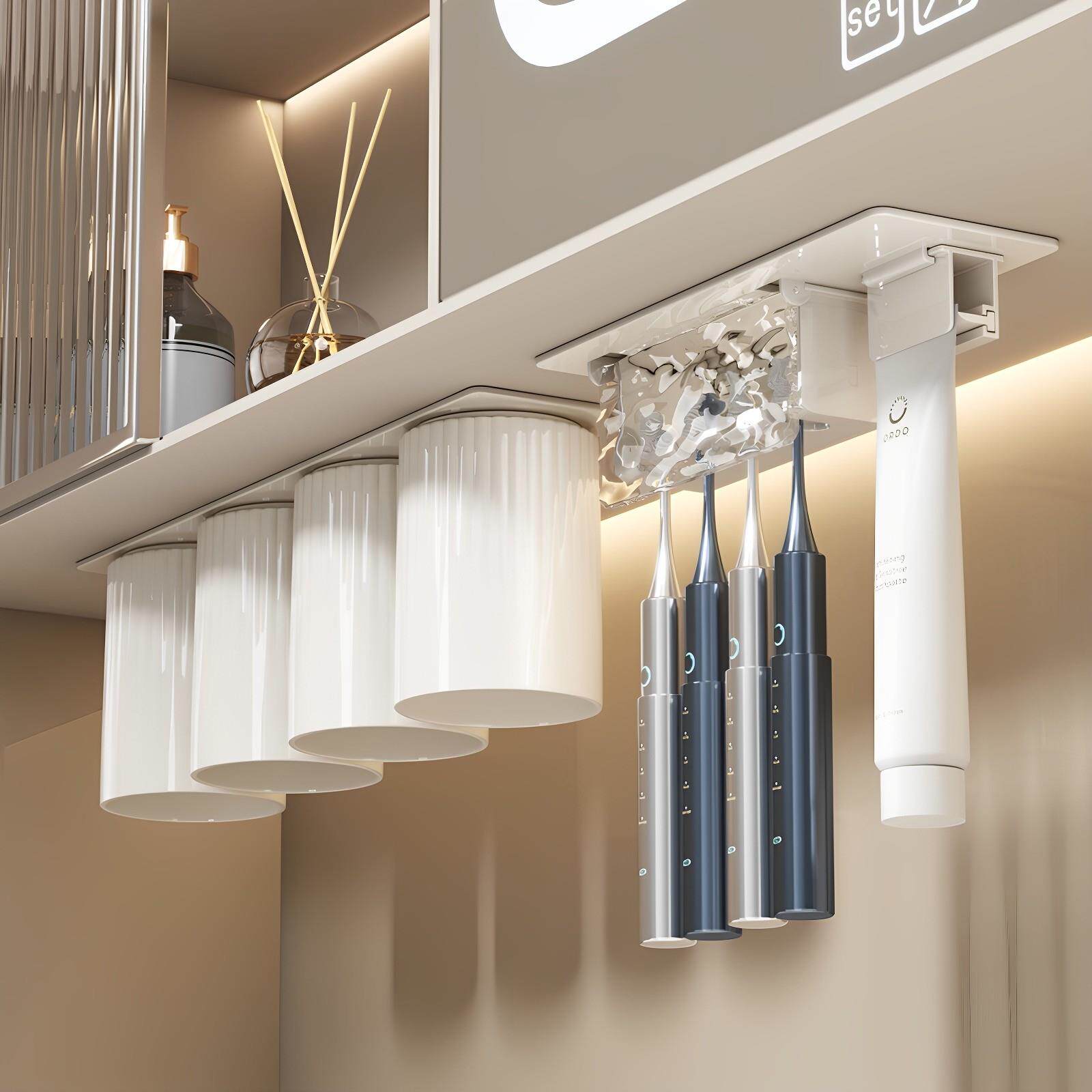 镜柜下磁吸牙刷架漱口杯一家三口四口倒挂电动洗漱牙杯置物架