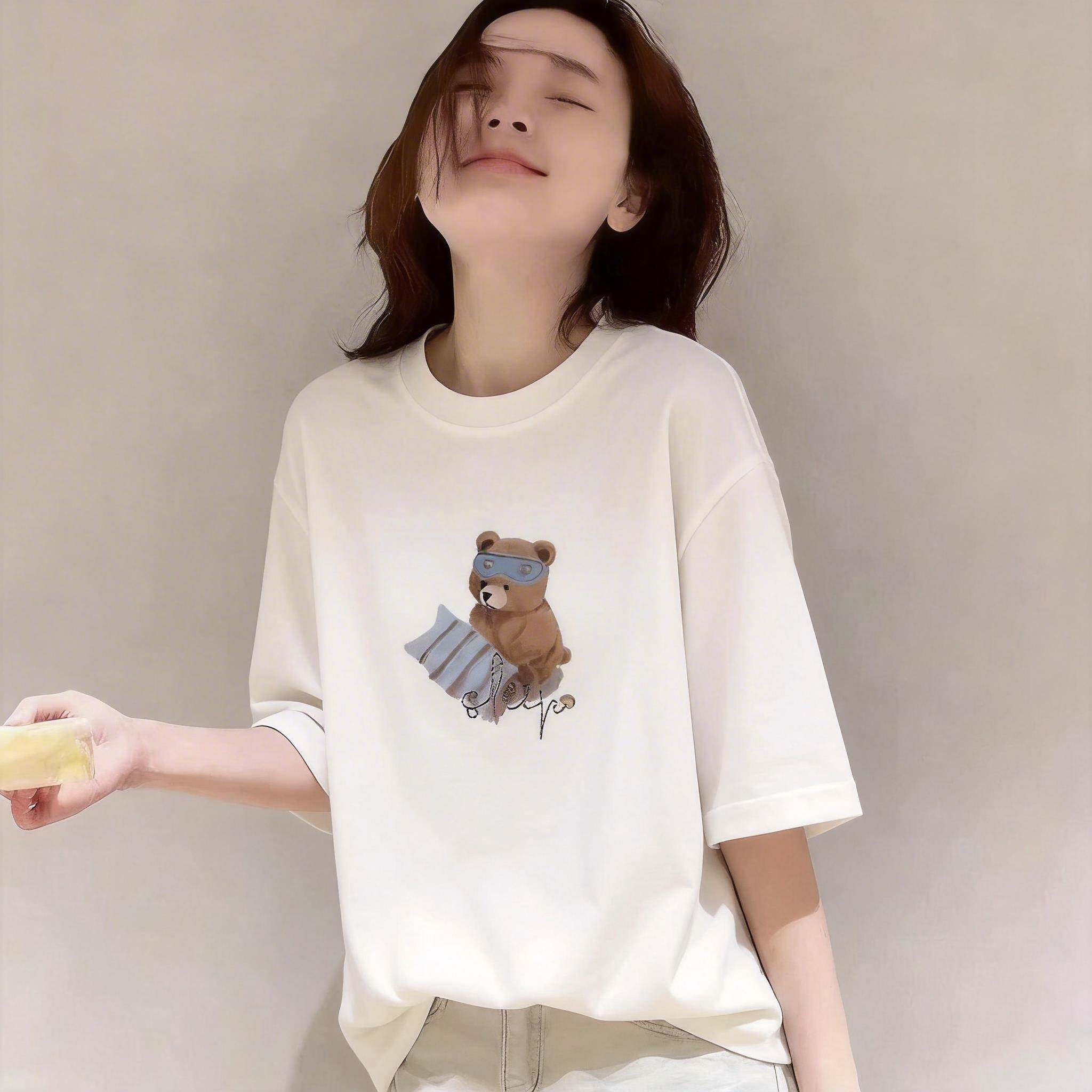 韩国高奢棉卡通小熊短袖T恤女宽松时尚休闲减龄凉感冰爽上衣夏新