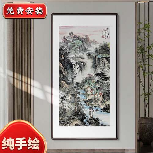 纯手绘中式玄关装饰画入户走廊过道壁画竖版水墨山水画办公室挂画