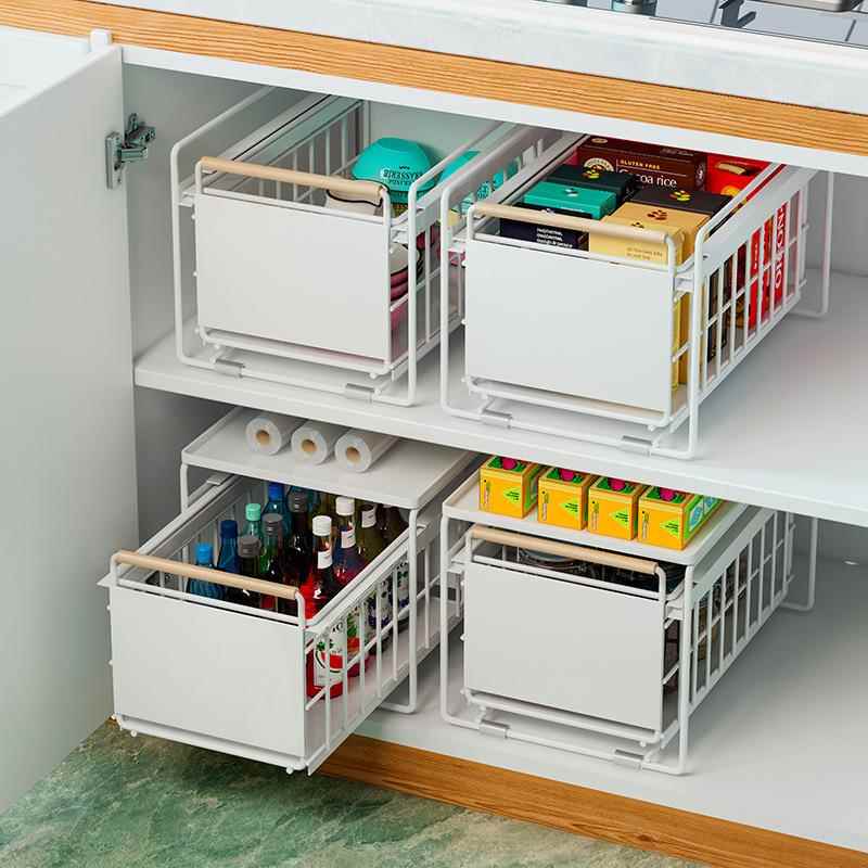 原木棒厨房下水槽置物架调料碗碟抽拉式水池收纳架橱柜拉篮分层架