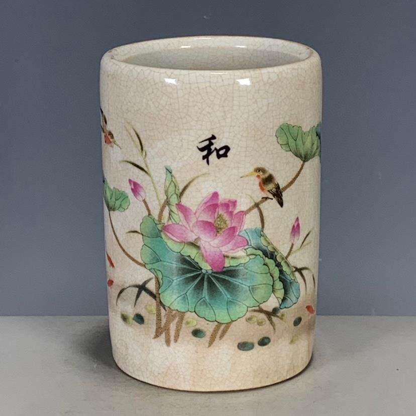 古玩古董瓷器收藏 清代光绪年制开片粉彩荷花笔筒全品