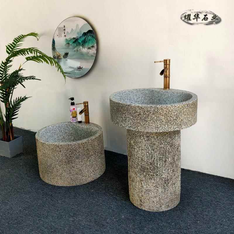 老旧石槽方形洗手盆天然水池圆形拖布池台上盆户外石头立柱洗脸盆