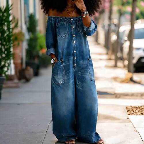 One neck denim jumpsuit一字领牛仔连体裤