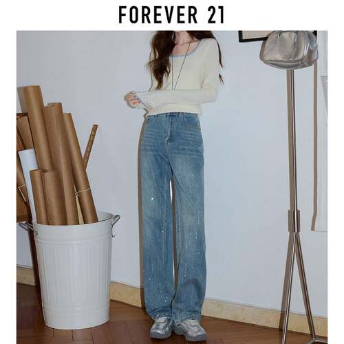 Forever 21浅蓝色窄版阔腿牛仔裤女夏季新款满天星烫钻垂感直筒裤
