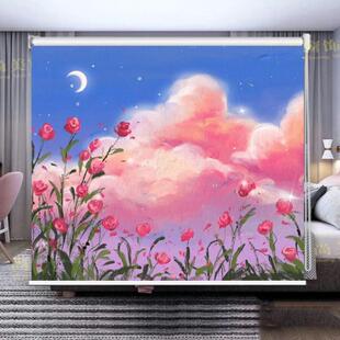 卧室客厅小清新油画窗帘卫生间窗户遮挡帘厨房遮阳防晒卷帘免打孔