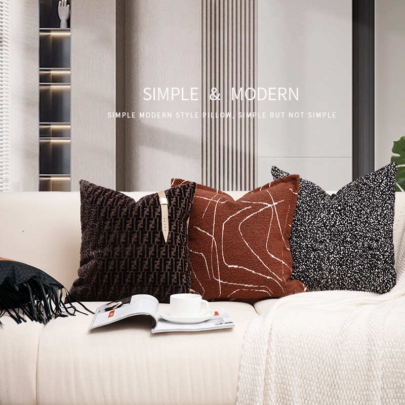 轻奢简约艺术别墅沙发靠垫抱枕售楼处样板房皮质黑色肌理流苏腰枕