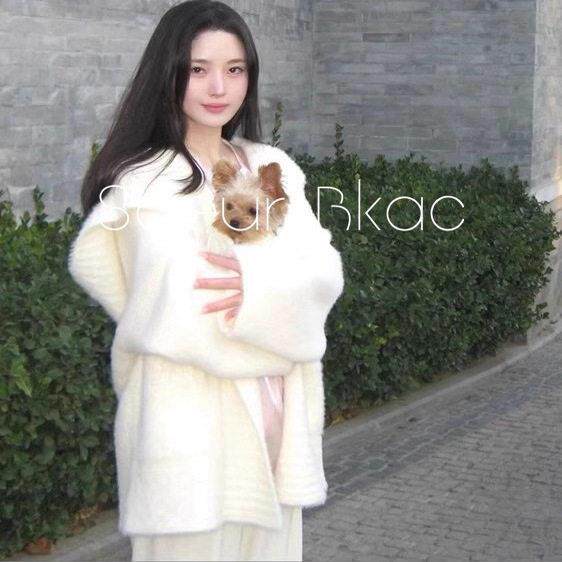 法国SOEUR BKAC秋冬法式温柔风白色连帽水貂绒开衫女休闲毛衣外套