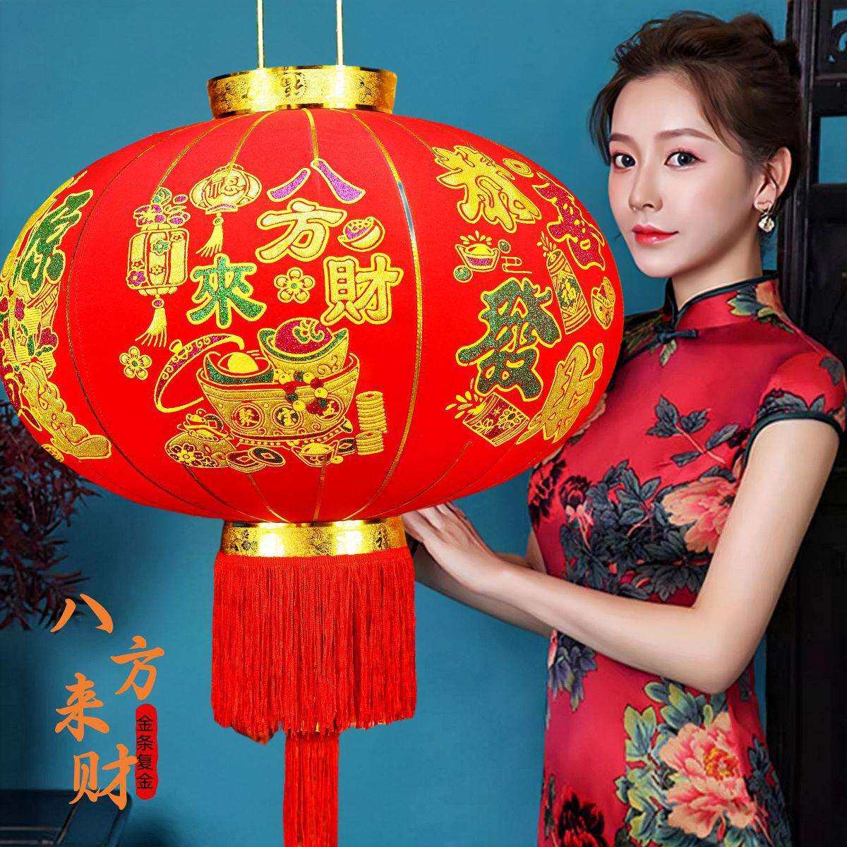 厂家植绒短杆大红绒布高档新年春节用品 装饰大门阳台红灯笼