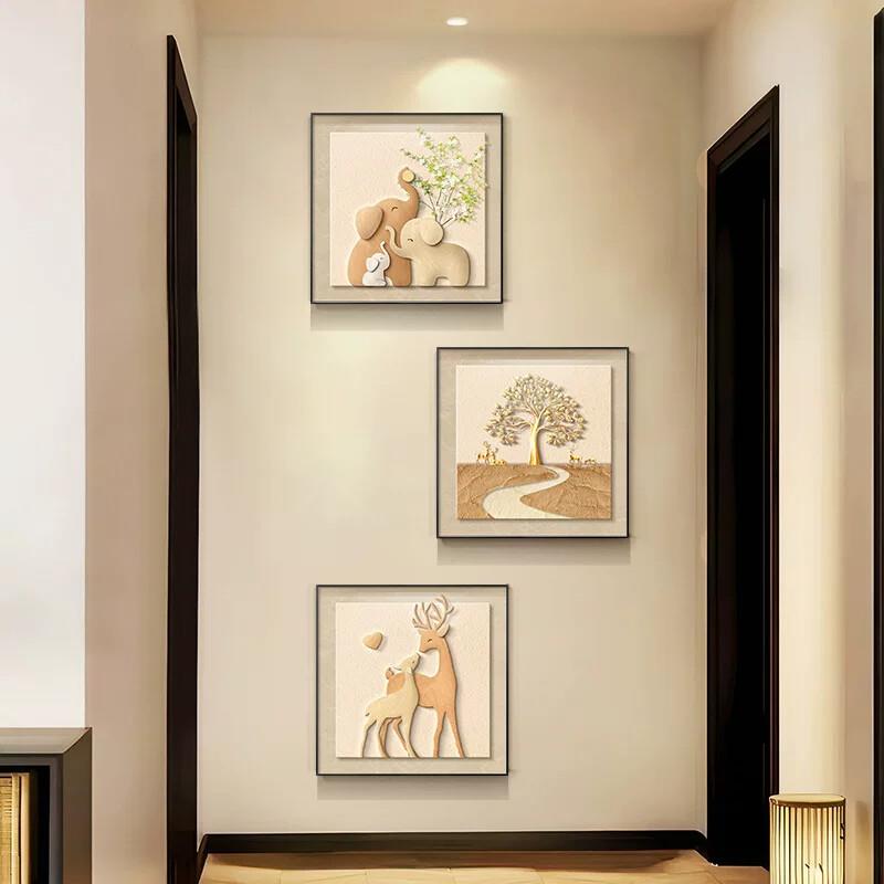 大象玄关装饰画高档发财树麋鹿过道三联壁画入户正对门挂画寓意好