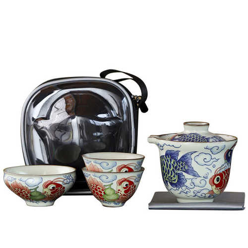 国潮风龙鱼旅行茶具中式复古祥龙纳福快客杯便携式户外茶具套装