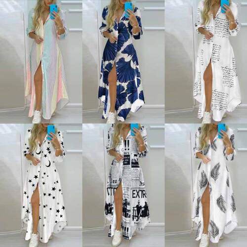 Women's printed slit shirt dress long skirt