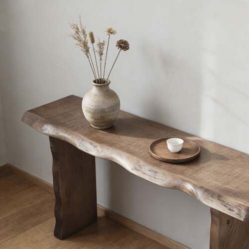 侘寂风原木整板自然边客厅玄关桌复古做旧装饰条案靠墙实木玄关台