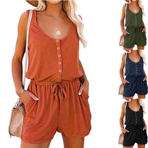 Womens Summer Scoop Neck Sleeveless Button Down Tank Top