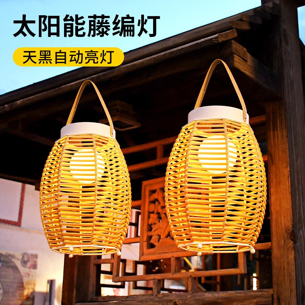跨境太阳能藤编灯笼仿竹编复古庭院花园别墅户外装饰布置氛围吊灯图片