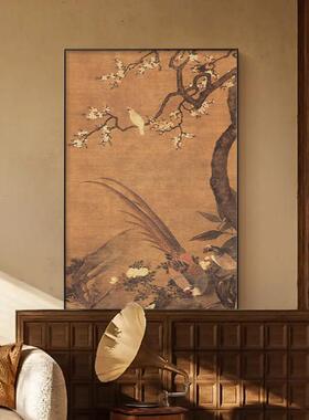 杏花双雉法式中古风客厅装饰画复古艺术沙发背景墙挂画级感壁画