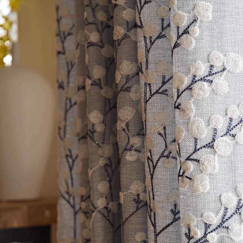 清新灰蓝UIZ简中约刺复美式新式客厅卧室飘窗绣花棉麻遮光窗古帘