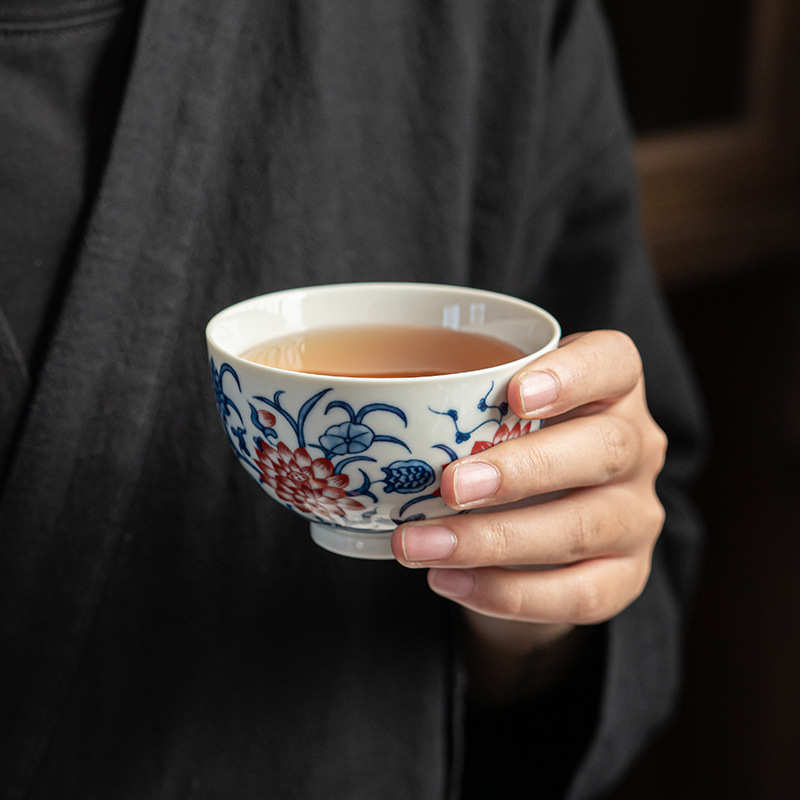 景德拟古青花缠枝莲小碗杯陶瓷复古主人杯龙纹茶杯个人专用品茗杯