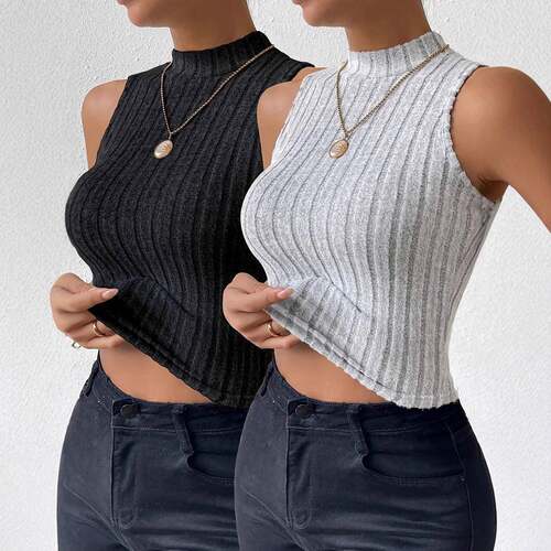 Solid Textured Mock Neck Tank Top Everyday Casual