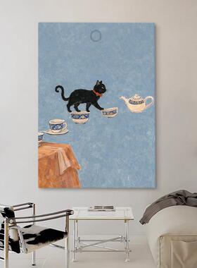 北欧包豪斯《走茶杯》客厅手绘油画小众抽象卧室装饰画玄关挂画