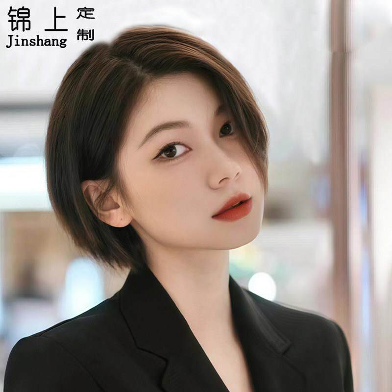 短发假发夏天薄款假发女全头套自然减龄偏分短发真人发丝整顶假发
