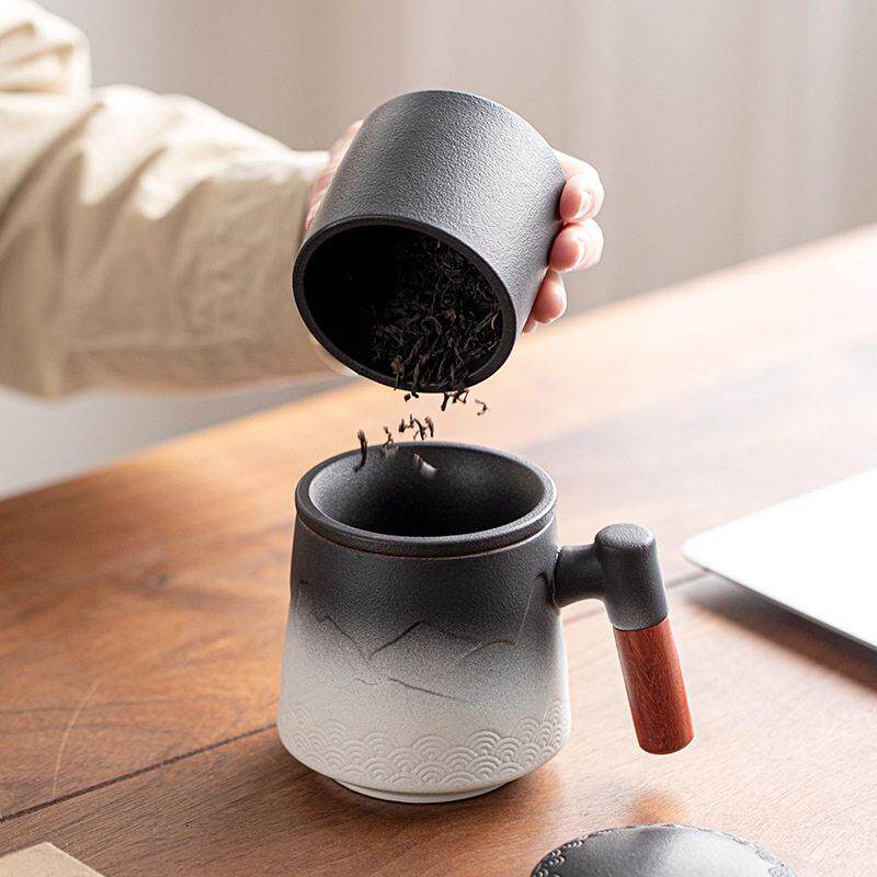 公室泡茶杯简约马克杯陶瓷滤茶杯带盖过滤水杯茶水分离礼品杯子