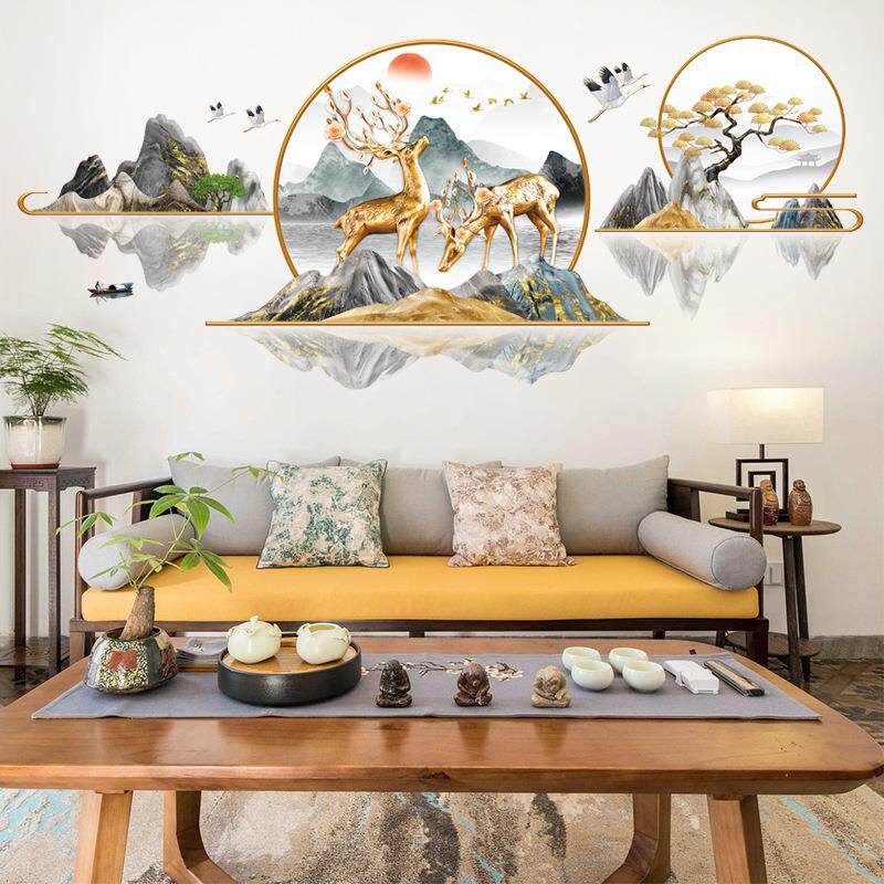 旅康CH69056福鹿双全中国风墙贴纸电视背景卧室客厅装饰自粘壁画