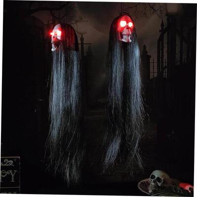 Halloween Hanging Ghost Skull with Long Hair Glowing Eyes