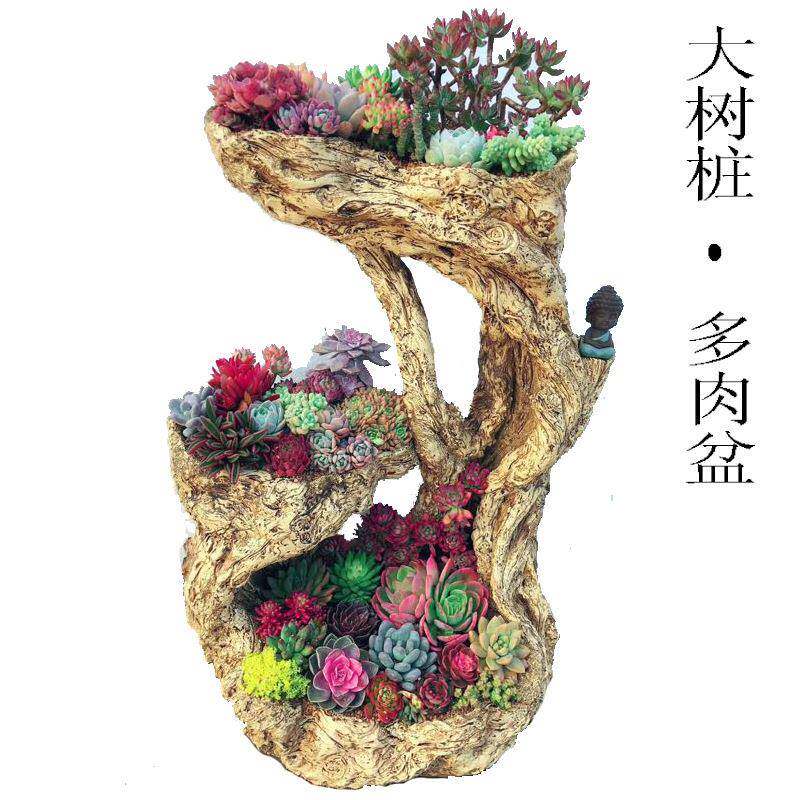 厂家直销多肉花盆 仿古仿木头超大花盆 树脂微景观摆件 花盆