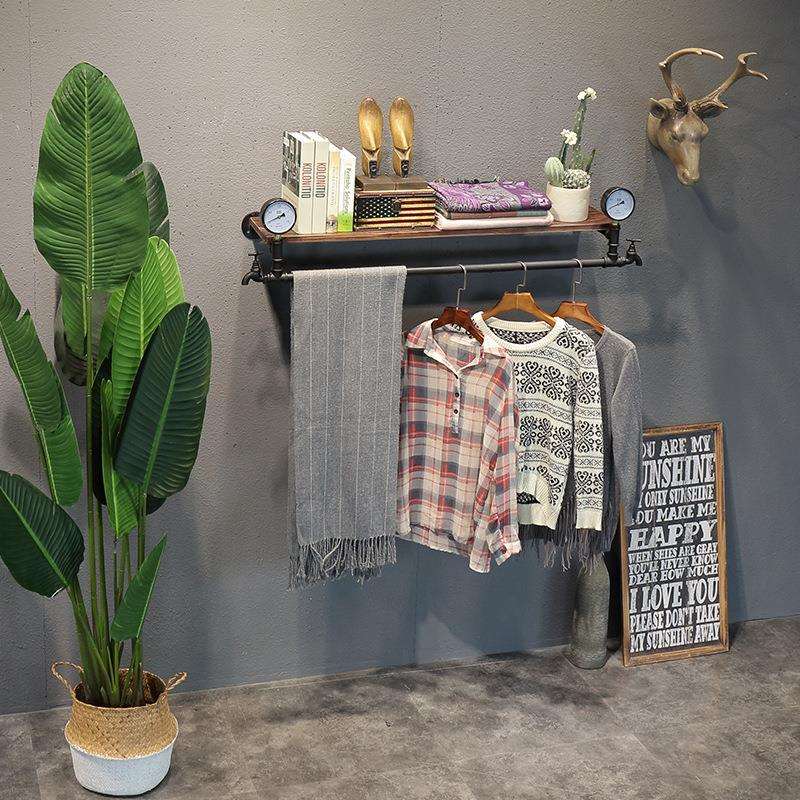 复古铁艺水管衣帽架挂杆服装店货架上墙侧挂衣架壁挂服装展示架