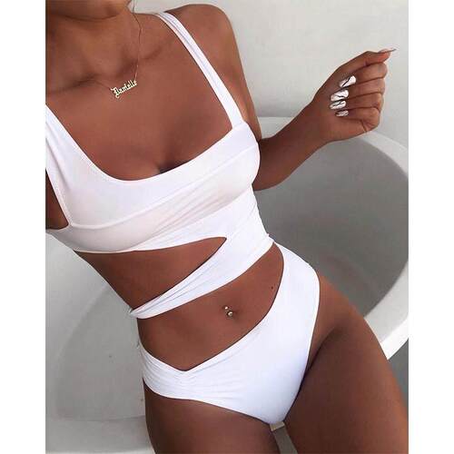 Sexy White One Piece Swimsuit Women Cut Out Swimwear Push Up