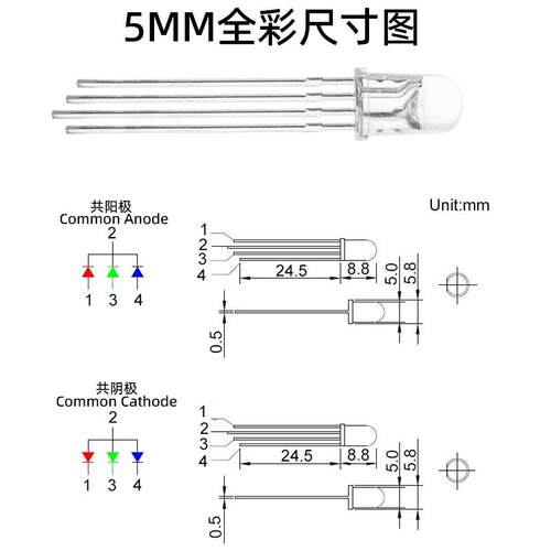 LED 5MM直插幻彩WS2812B内置IC 七彩RGB 雾状透明DIP全彩共阴共阳
