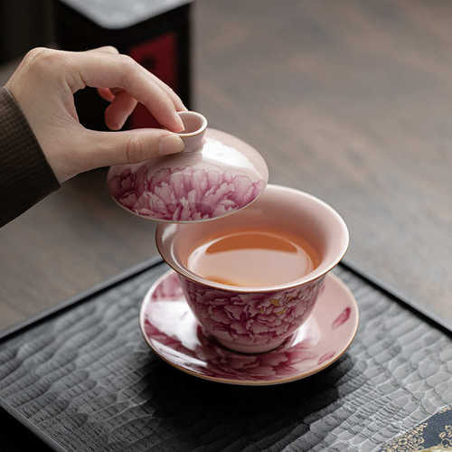 盖碗功夫茶具碗碗敬茶牡丹家用三才中式专用泡茶粉色女士陶瓷汝窑